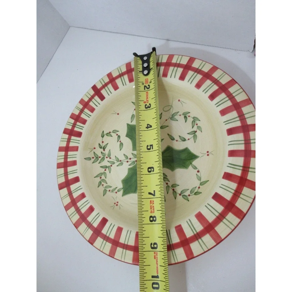 Los Angeles Pottery Laurie Gates design 2 salad plates holly berries plaid Xmas